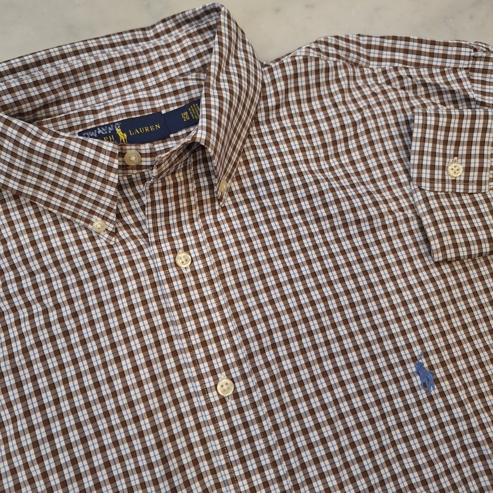 Ralph Lauren Button Down Mens 2XB Brown Gingham Performance Long Sleeve Shirt